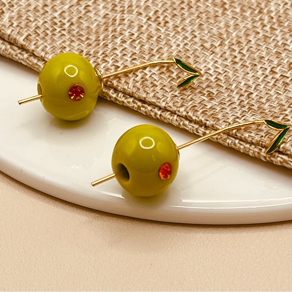 Anthropologie Gold and Green Olive Drop Design Threader Earrings - Picture 4 of 12